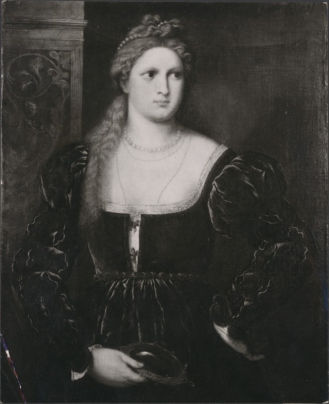 Photograph of 3/4 Length Portrait of Fair Haired Woman Holding Elaborate Mirror